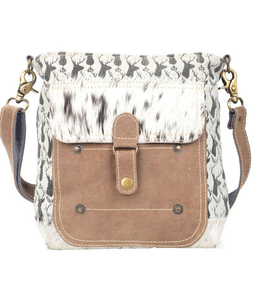 Deer Print Canvas Shoulder Bag With Cowhide Pocket