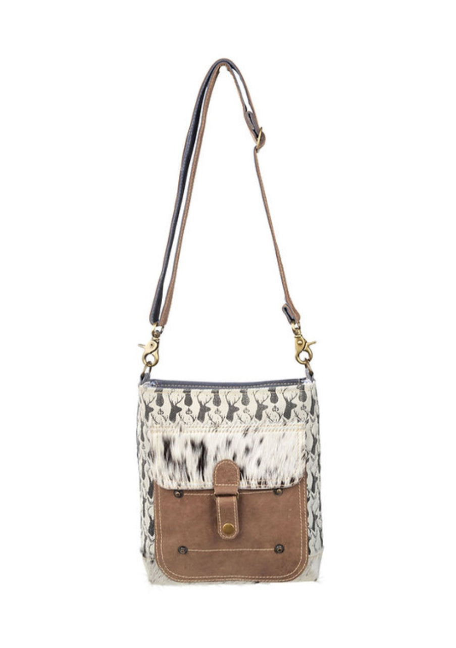 Deer Print Canvas Shoulder Bag With Cowhide Pocket